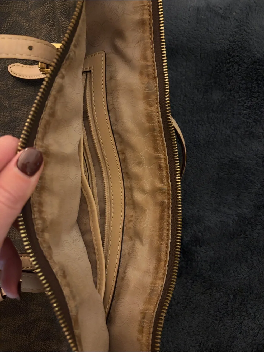 Michael Kors Brown MK Signature Tote with Pale Pink Handles and Gold Charm